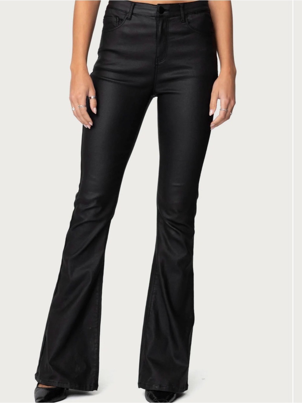 Edikted Luna Black High-Rise Faux Leather Flare Pants